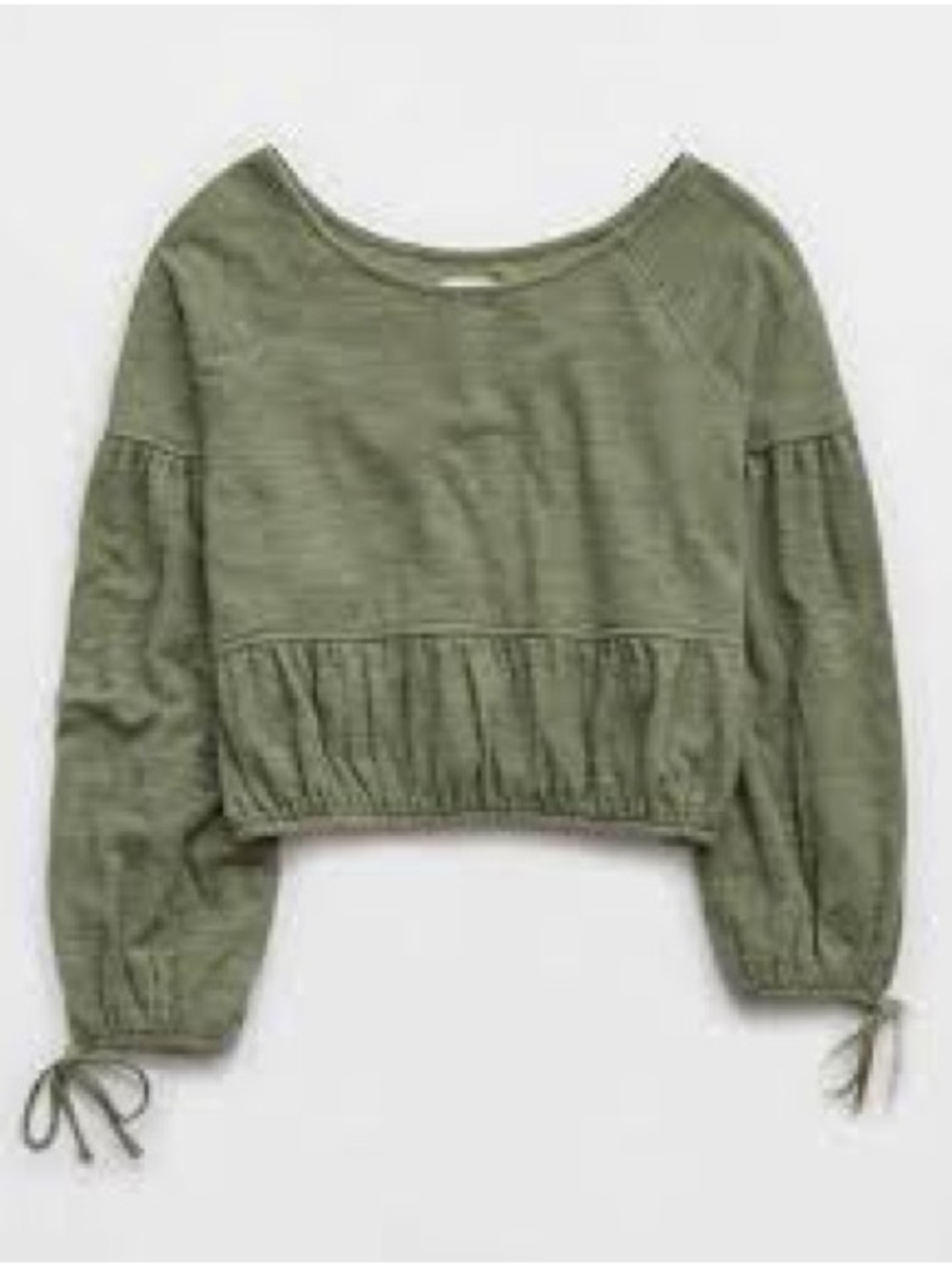 aerie Endless Summer Sage Peplum Cropped Sweatshirt Lantern Sleeve Tie Cuff Cozy - Picture 2 of 9